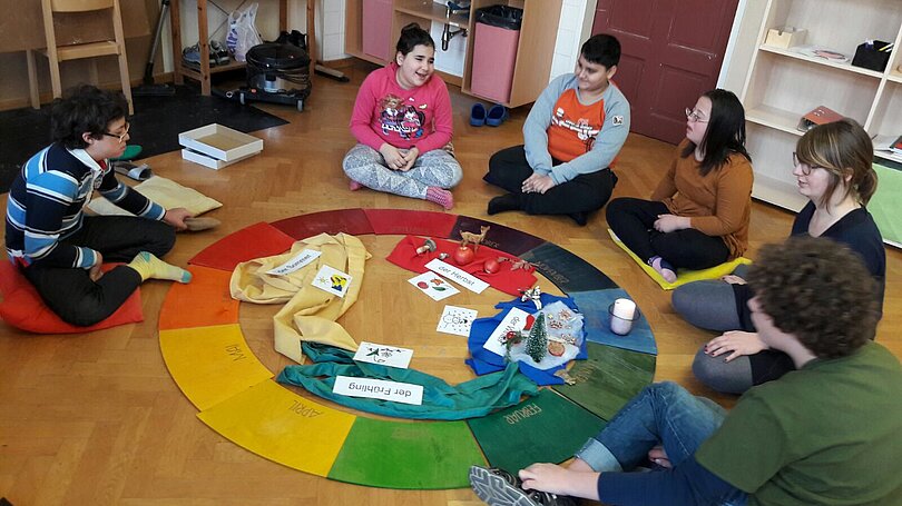 Fünf Schüler*innen (über 10) sitzen mit einer Lehrerin rund um einen Montessori-Jahreskreis. 