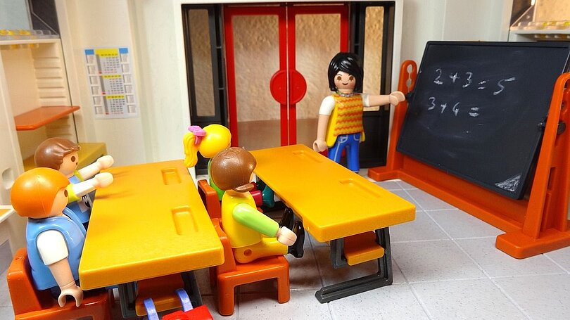 Mit Playmobilfiguren wird eine klassische Unterrichtssituation im Frontalunterricht nachgestellt. 